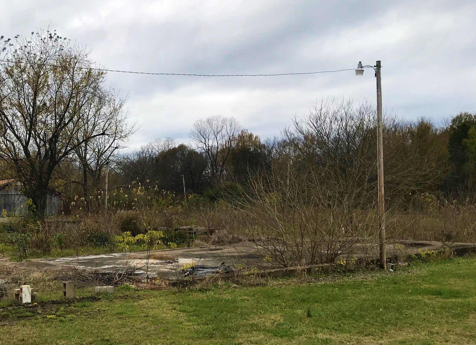 same street view as above, now an overgrown vacant lot outlined in a row of cinder blocks